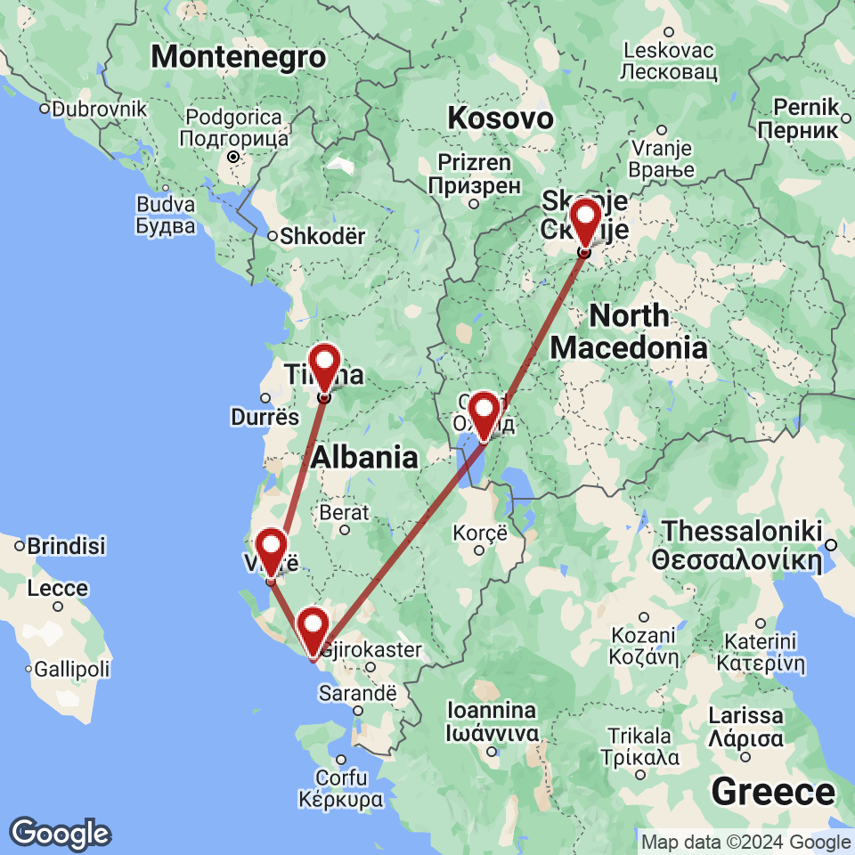 Route for Tirana, Vlore, Himare, Ohrid, Skopje tour